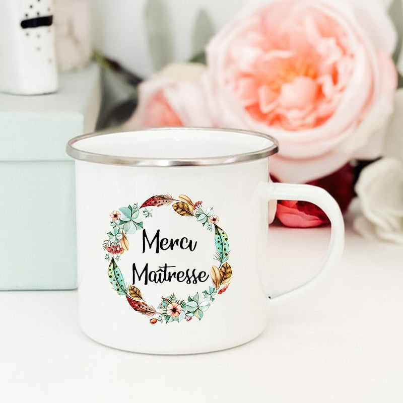 French Flower Printed Mugs Creative Coffee Tea Cups Drinks Water Milk Cup Enamel Mug School Home Handle Drinkware Teacher Gifts