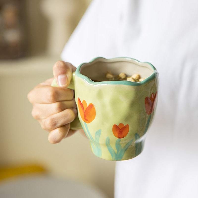 Hand-painted Flower Ceramic Coffee Cup Home Office Mug With Saucer Breakfast Milk Juice Tea Handle Cup Gift Microwave Safe