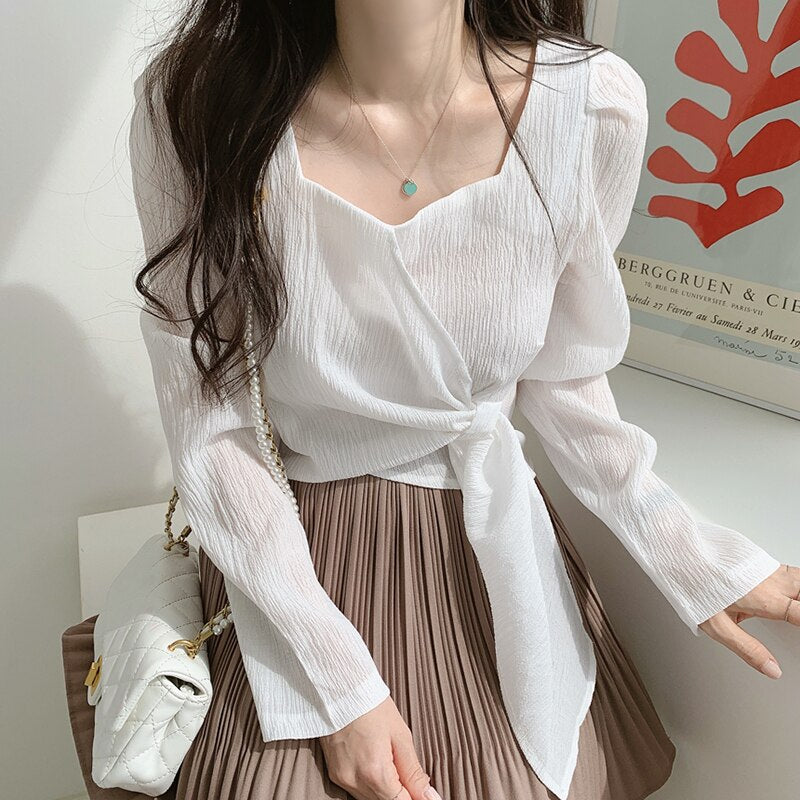 Solid Autumn French Elegant Blouse Women Long Slevee Casual Vintage Female Blouse Loose Korean Style Chic Designer Clothing 2021