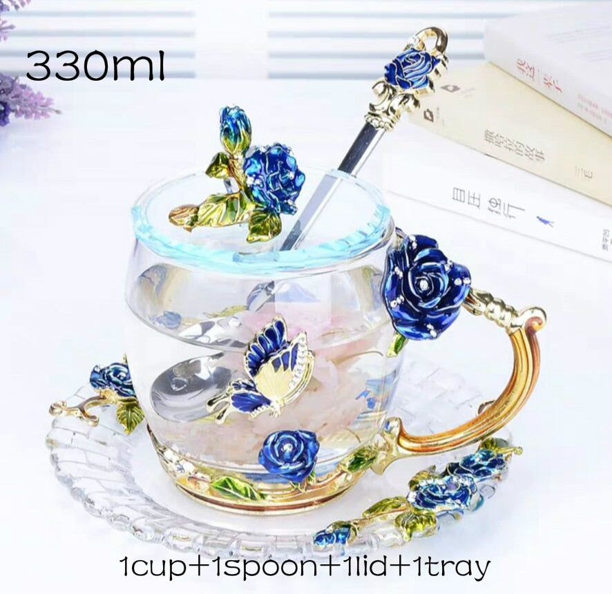 Red Rose Enamel Coffee cup Mug Crystal Glass Cups and mugs High-grade Tea Cup Drinkware Gift Couple Mug For Lover Tea Set