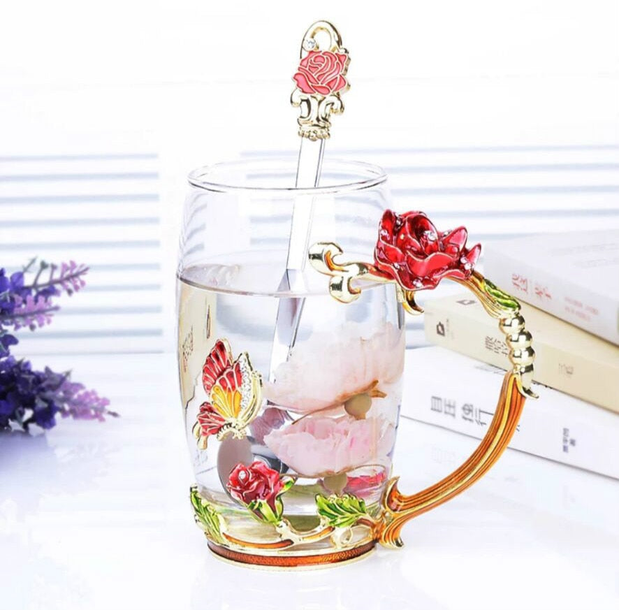 Red Rose Enamel Coffee cup Mug Crystal Glass Cups and mugs High-grade Tea Cup Drinkware Gift Couple Mug For Lover Tea Set