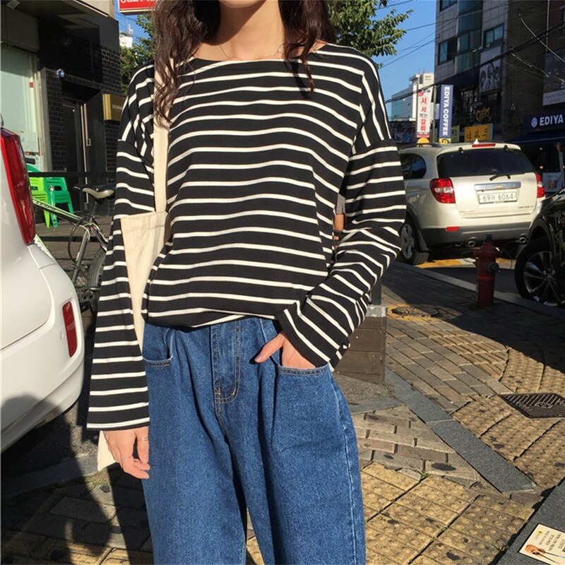 Stripe Long Sleve Crewneck Vintage T Shirt Women Spring Trends Loose Top Tees Female Clothing Casual Comfortable Tshirt Pullover