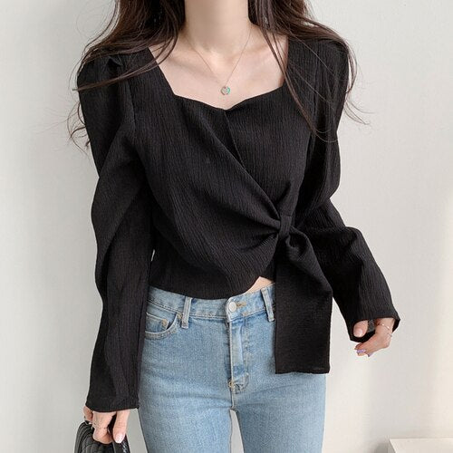 Solid Autumn French Elegant Blouse Women Long Slevee Casual Vintage Female Blouse Loose Korean Style Chic Designer Clothing 2021