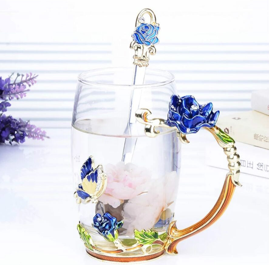 Red Rose Enamel Coffee cup Mug Crystal Glass Cups and mugs High-grade Tea Cup Drinkware Gift Couple Mug For Lover Tea Set