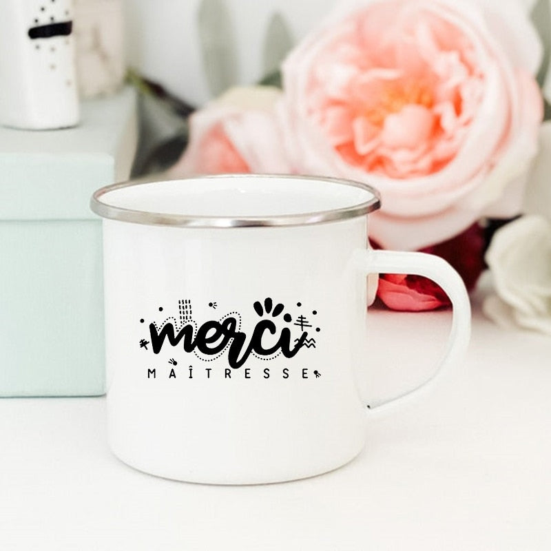 French Flower Printed Mugs Creative Coffee Tea Cups Drinks Water Milk Cup Enamel Mug School Home Handle Drinkware Teacher Gifts