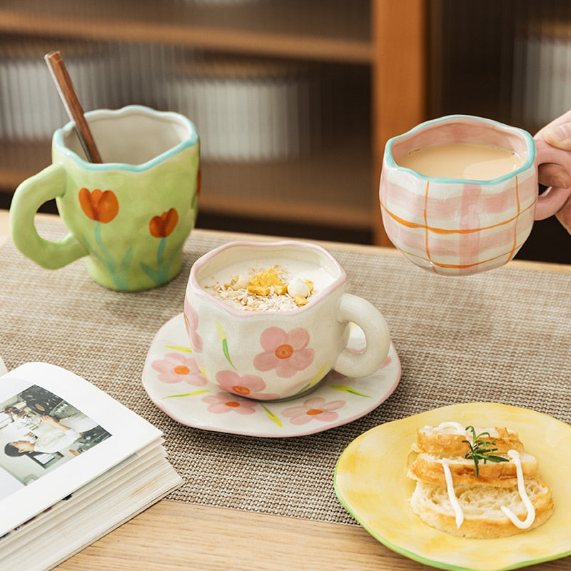 Hand-painted Flower Ceramic Coffee Cup Home Office Mug With Saucer Breakfast Milk Juice Tea Handle Cup Gift Microwave Safe