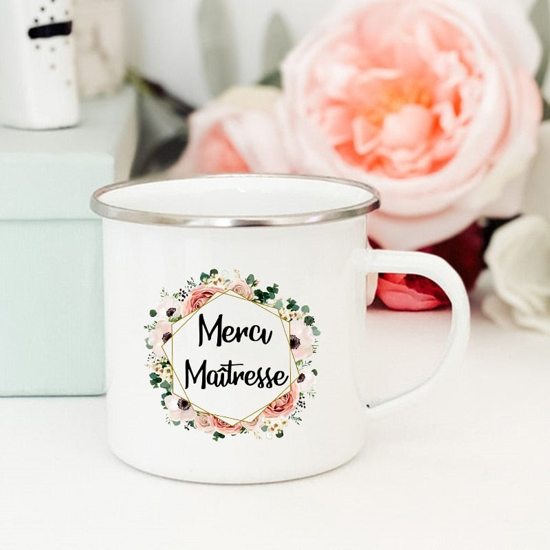 French Flower Printed Mugs Creative Coffee Tea Cups Drinks Water Milk Cup Enamel Mug School Home Handle Drinkware Teacher Gifts