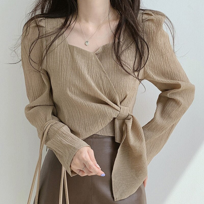 Solid Autumn French Elegant Blouse Women Long Slevee Casual Vintage Female Blouse Loose Korean Style Chic Designer Clothing 2021