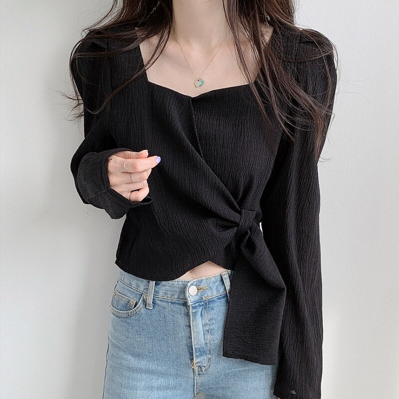 Solid Autumn French Elegant Blouse Women Long Slevee Casual Vintage Female Blouse Loose Korean Style Chic Designer Clothing 2021