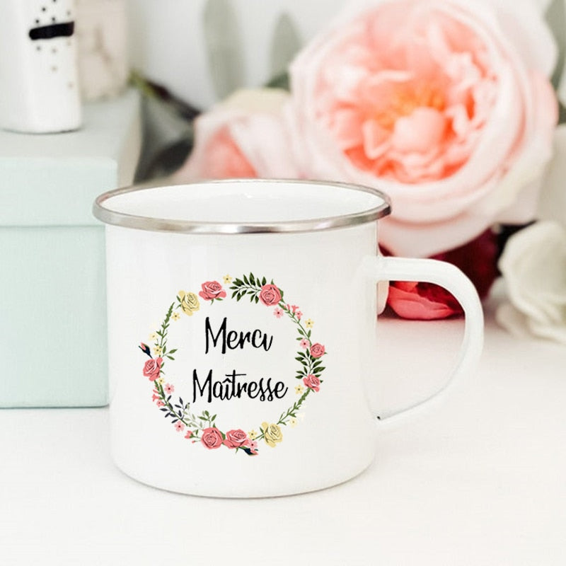 French Flower Printed Mugs Creative Coffee Tea Cups Drinks Water Milk Cup Enamel Mug School Home Handle Drinkware Teacher Gifts