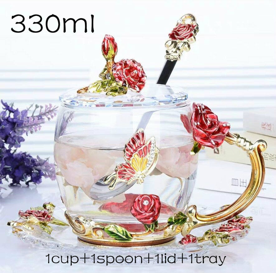 Red Rose Enamel Coffee cup Mug Crystal Glass Cups and mugs High-grade Tea Cup Drinkware Gift Couple Mug For Lover Tea Set