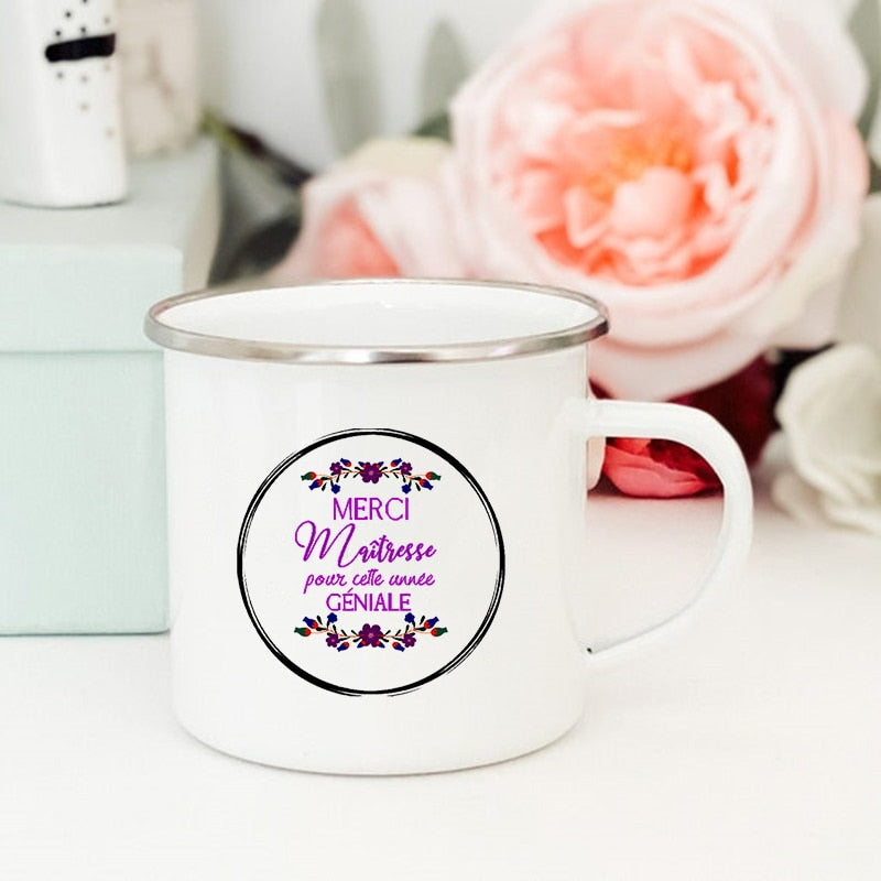 French Flower Printed Mugs Creative Coffee Tea Cups Drinks Water Milk Cup Enamel Mug School Home Handle Drinkware Teacher Gifts