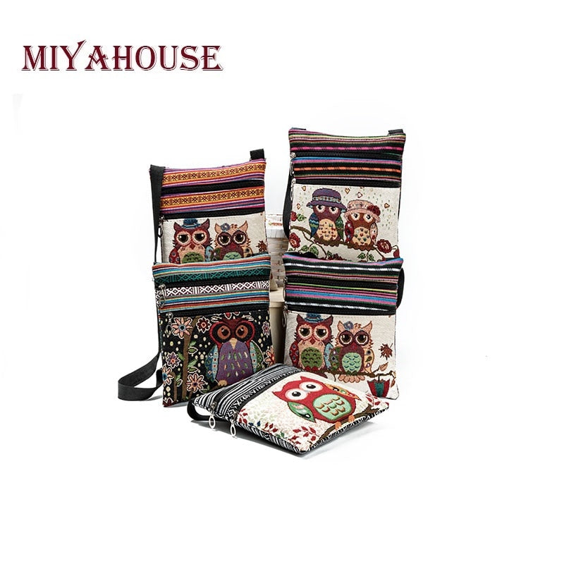 Miyahouse Casual Small Double Zipper Messenger Bag Women Cartoon Owl Printed Flap Bag Shoulder Bag Ladies