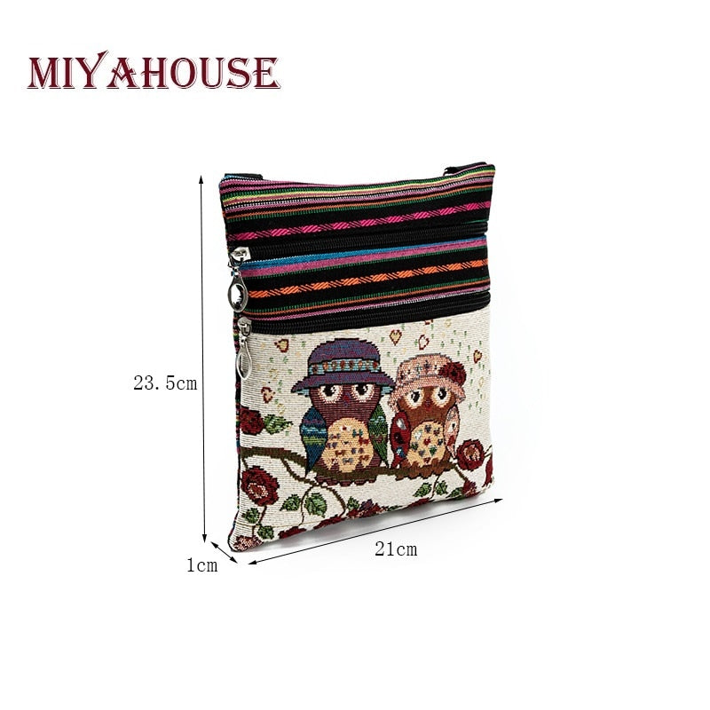 Miyahouse Casual Small Double Zipper Messenger Bag Women Cartoon Owl Printed Flap Bag Shoulder Bag Ladies