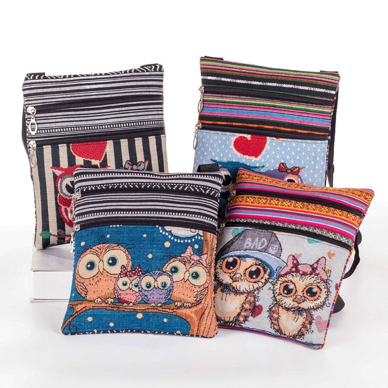 Miyahouse Casual Small Double Zipper Messenger Bag Women Cartoon Owl Printed Flap Bag Shoulder Bag Ladies