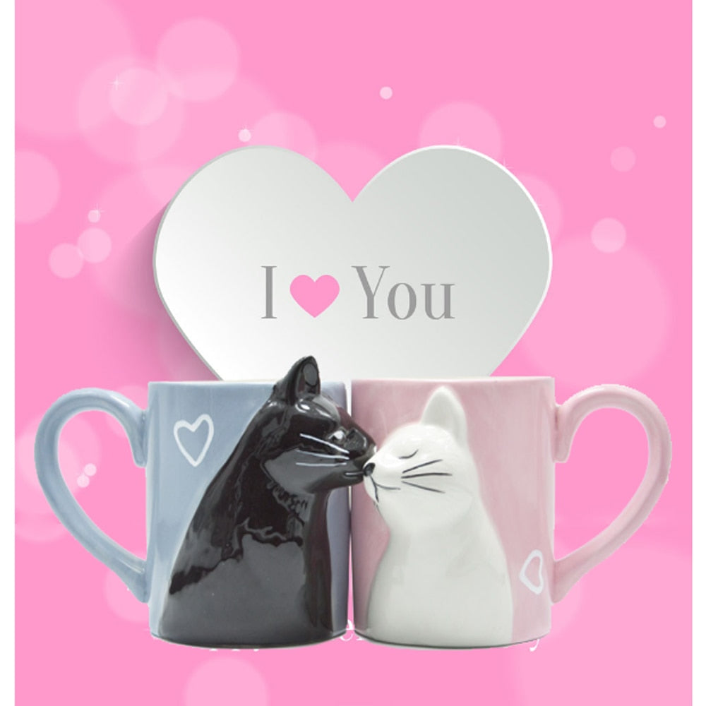 2pcs 3D cat cup stereo cat couple ceramic mug  pink and blue cat kiss cat to mugs Valentine's Day gift marriage housewarming