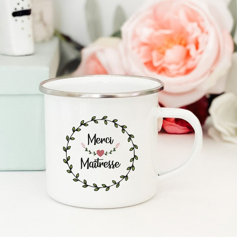 French Flower Printed Mugs Creative Coffee Tea Cups Drinks Water Milk Cup Enamel Mug School Home Handle Drinkware Teacher Gifts