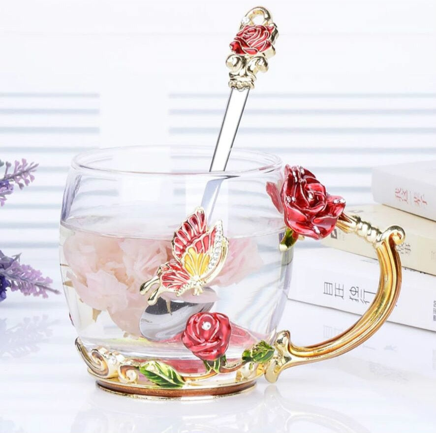 Red Rose Enamel Coffee cup Mug Crystal Glass Cups and mugs High-grade Tea Cup Drinkware Gift Couple Mug For Lover Tea Set