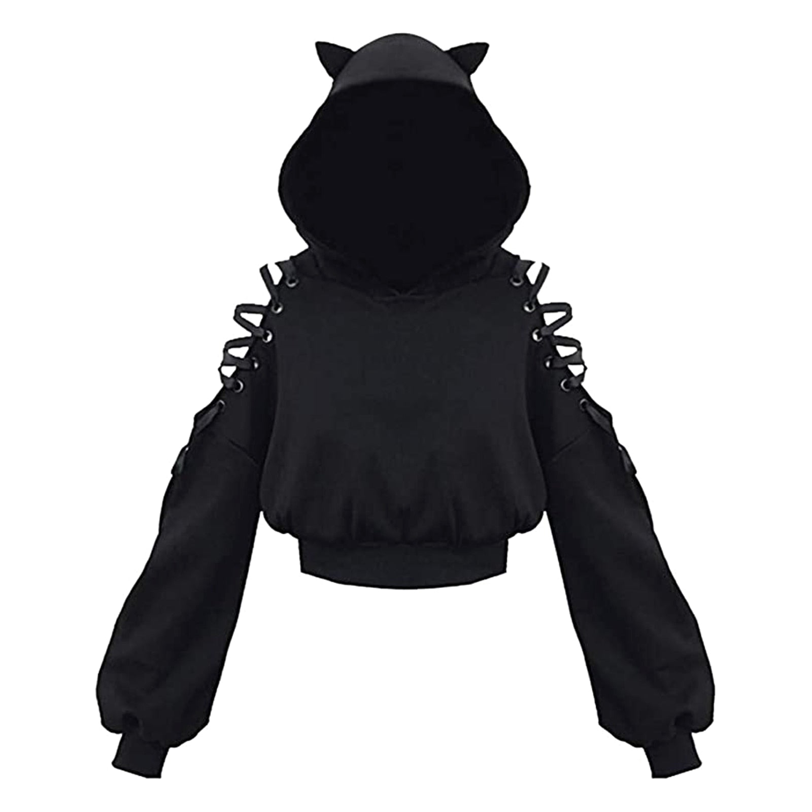 Women Long Sleeve Hoodies Kawaii Cat Ears Hoodie Gothic Punk Harajuku Cold Shouler Bandage Gothic Black Sweatshirts 2021