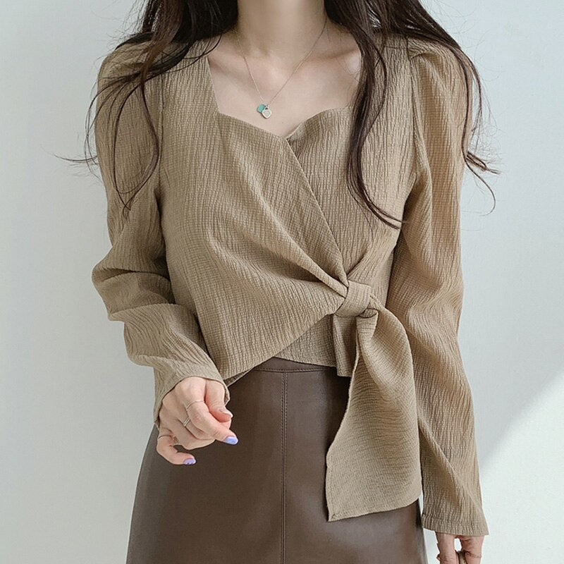 Solid Autumn French Elegant Blouse Women Long Slevee Casual Vintage Female Blouse Loose Korean Style Chic Designer Clothing 2021