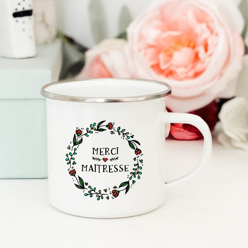 French Flower Printed Mugs Creative Coffee Tea Cups Drinks Water Milk Cup Enamel Mug School Home Handle Drinkware Teacher Gifts