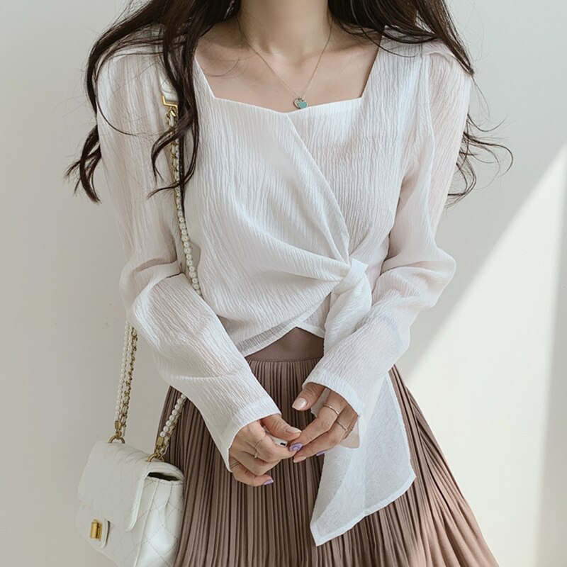 Solid Autumn French Elegant Blouse Women Long Slevee Casual Vintage Female Blouse Loose Korean Style Chic Designer Clothing 2021