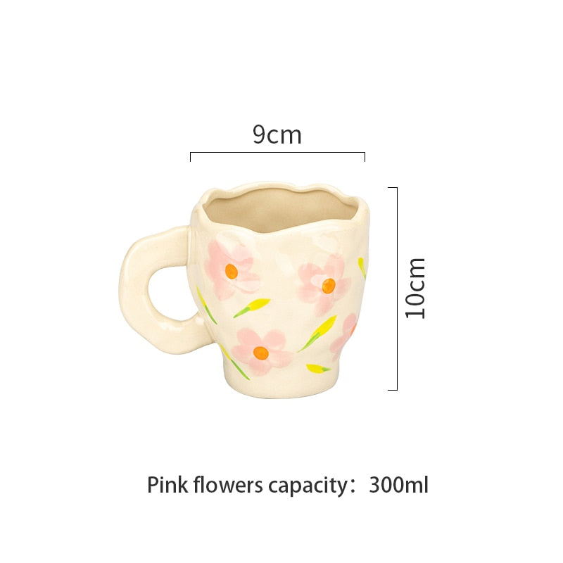 Hand-painted Flower Ceramic Coffee Cup Home Office Mug With Saucer Breakfast Milk Juice Tea Handle Cup Gift Microwave Safe