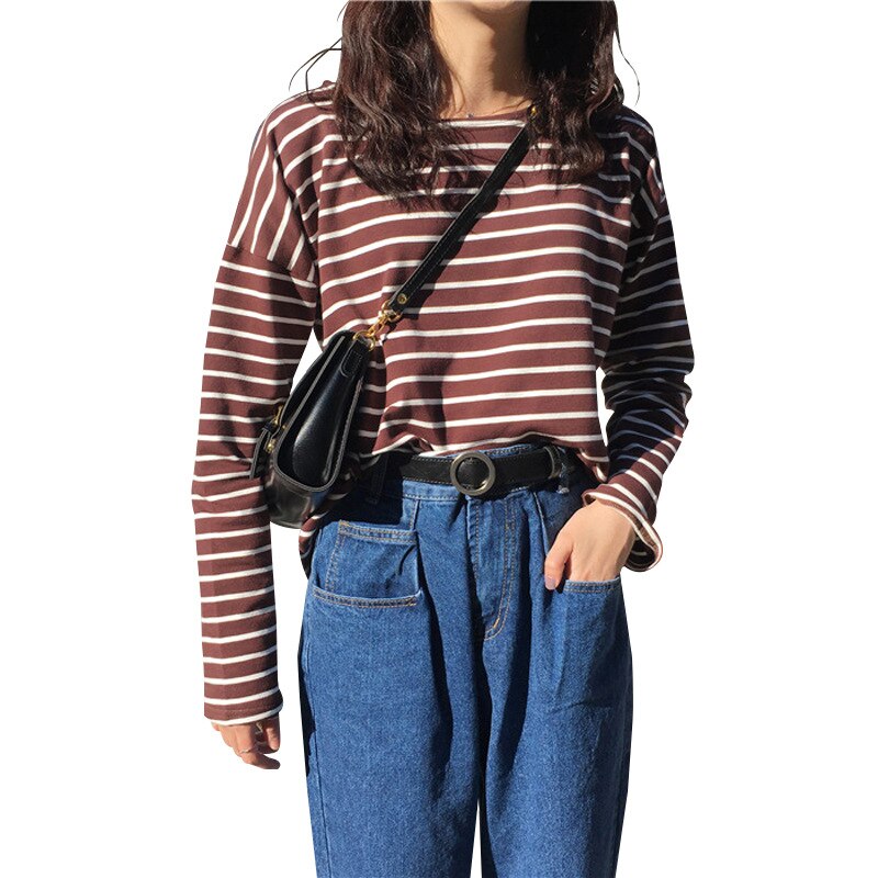 Stripe Long Sleve Crewneck Vintage T Shirt Women Spring Trends Loose Top Tees Female Clothing Casual Comfortable Tshirt Pullover