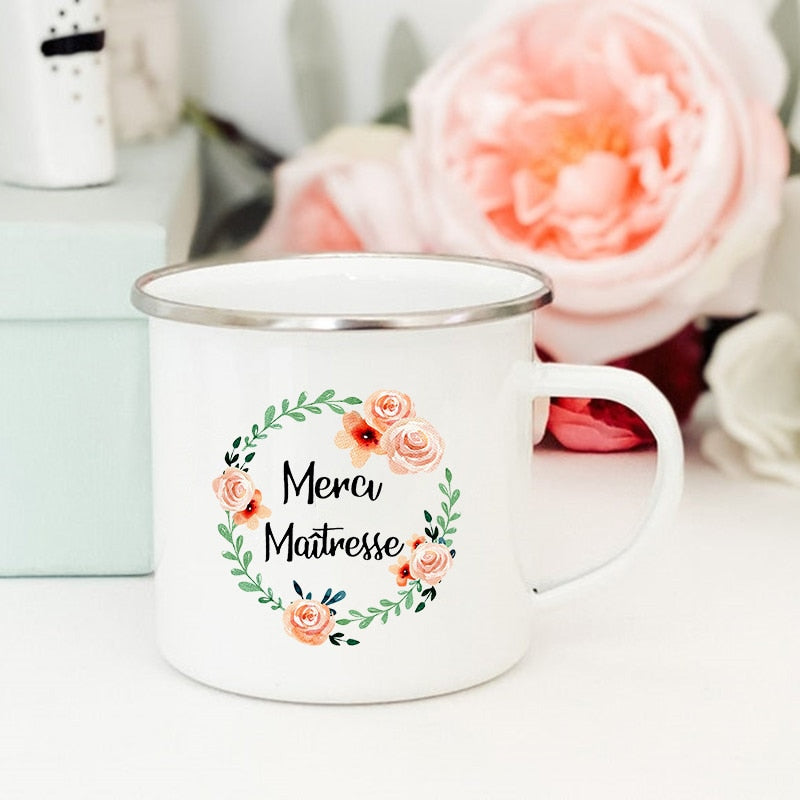 French Flower Printed Mugs Creative Coffee Tea Cups Drinks Water Milk Cup Enamel Mug School Home Handle Drinkware Teacher Gifts