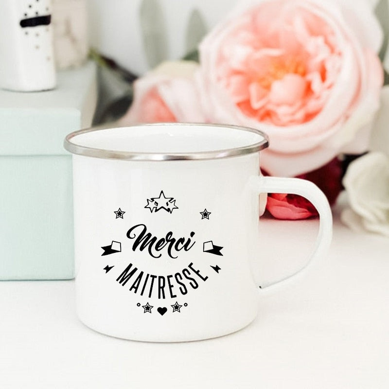 French Flower Printed Mugs Creative Coffee Tea Cups Drinks Water Milk Cup Enamel Mug School Home Handle Drinkware Teacher Gifts