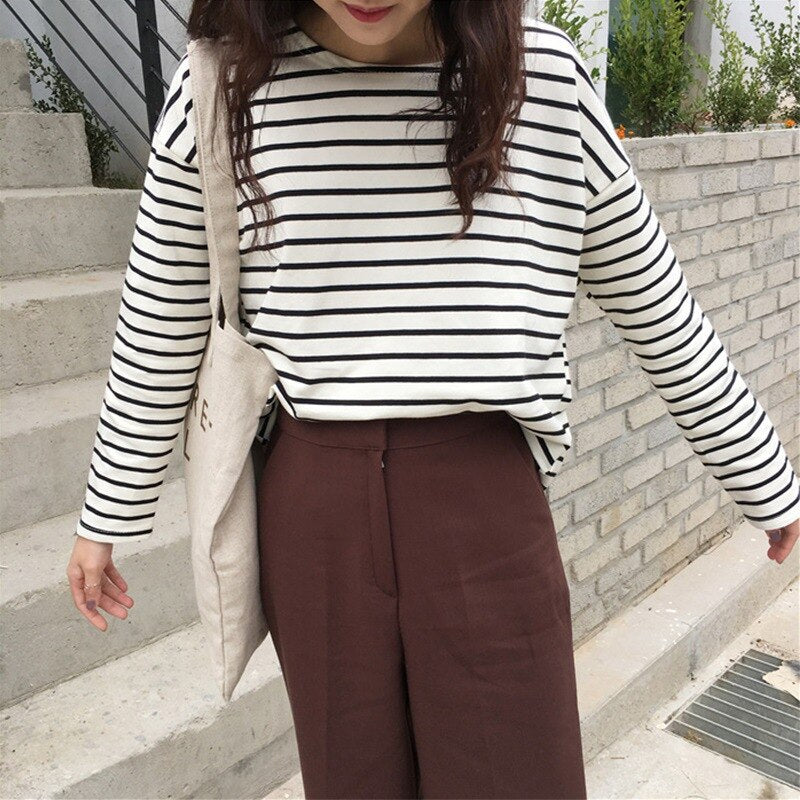 Stripe Long Sleve Crewneck Vintage T Shirt Women Spring Trends Loose Top Tees Female Clothing Casual Comfortable Tshirt Pullover