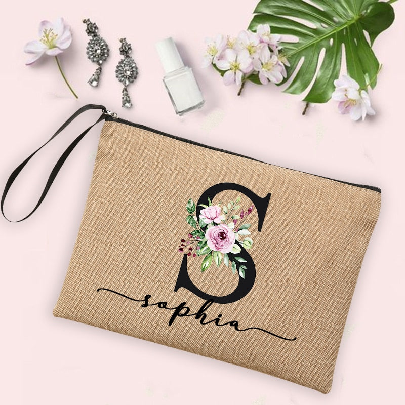 Flower Initial Letter Custom Name Cosmetic Bag Women Neceser Makeup Bag Linen Zipper Pouch Travel Toiletry Organizer Mujer Bolsa