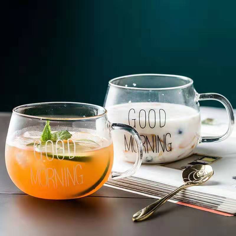 1pcs Letter Printed Transparent Creative Glass Coffee Tea Mug Drinks Dessert Breakfast Milk Cup Glass Mugs Handle Drinkware