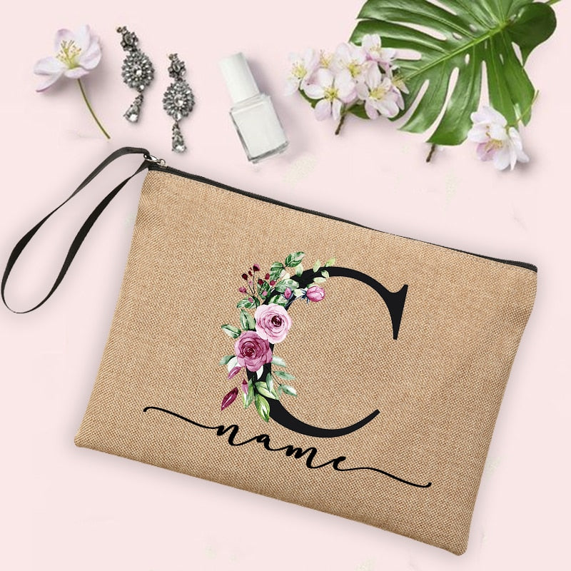 Flower Initial Letter Custom Name Cosmetic Bag Women Neceser Makeup Bag Linen Zipper Pouch Travel Toiletry Organizer Mujer Bolsa