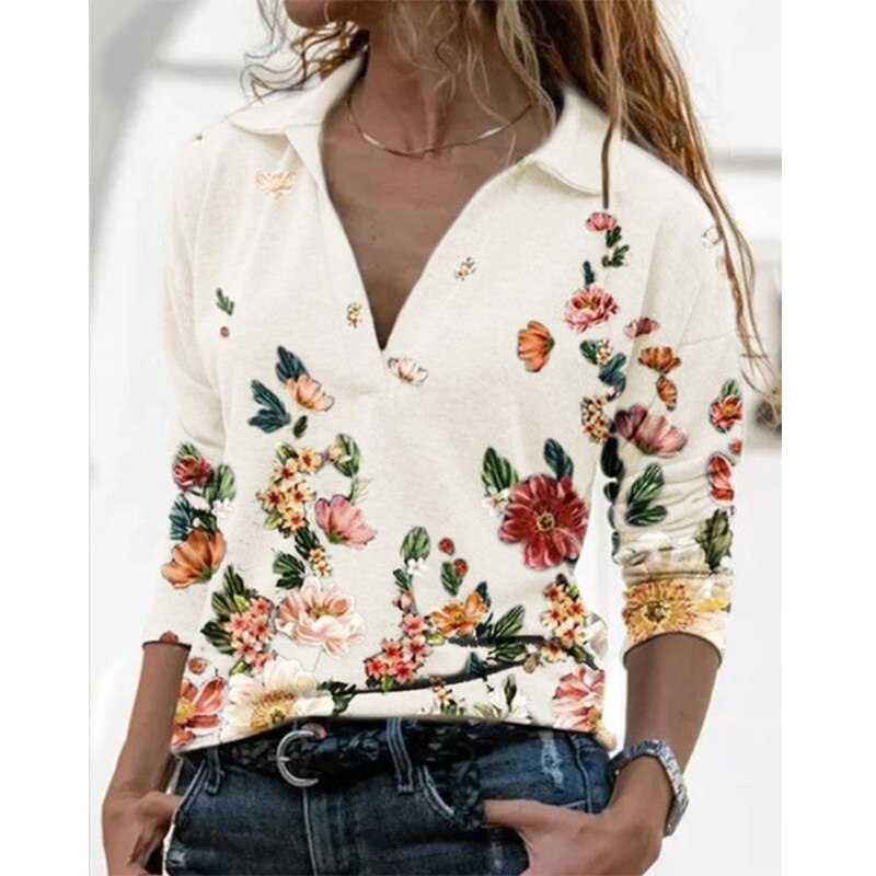 2022 Women Fashion Floral Print Stitching T-Shirt Spring Autumn Ladies V-Neck Pullover Causal Loose Long Sleve Womens Tops