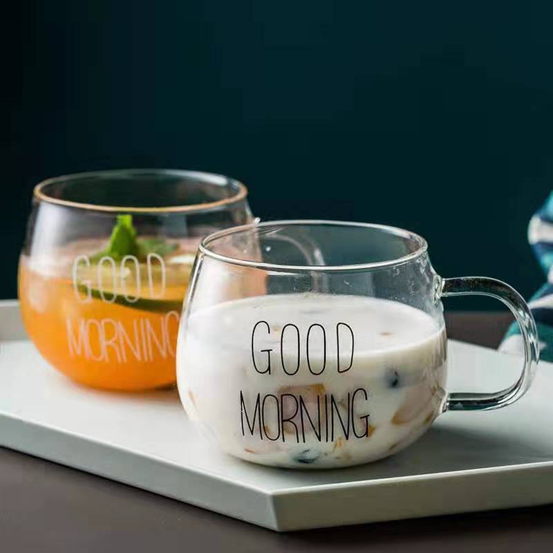 1pcs Letter Printed Transparent Creative Glass Coffee Tea Mug Drinks Dessert Breakfast Milk Cup Glass Mugs Handle Drinkware