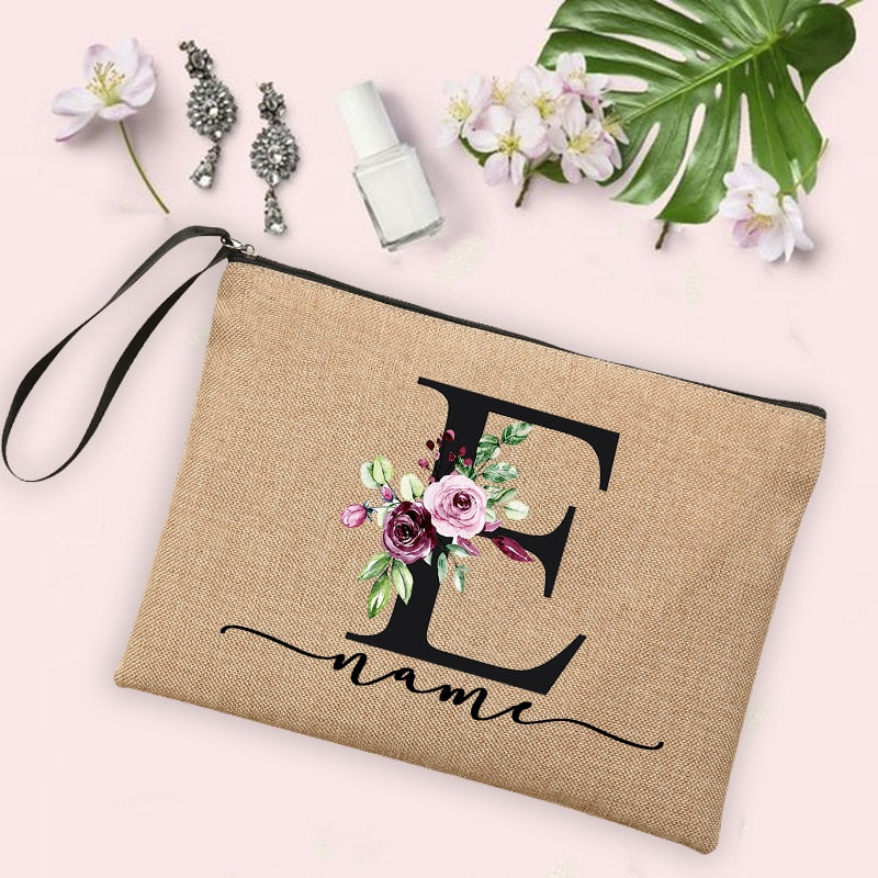 Flower Initial Letter Custom Name Cosmetic Bag Women Neceser Makeup Bag Linen Zipper Pouch Travel Toiletry Organizer Mujer Bolsa