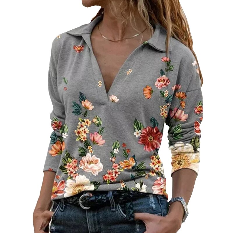 2022 Women Fashion Floral Print Stitching T-Shirt Spring Autumn Ladies V-Neck Pullover Causal Loose Long Sleve Womens Tops