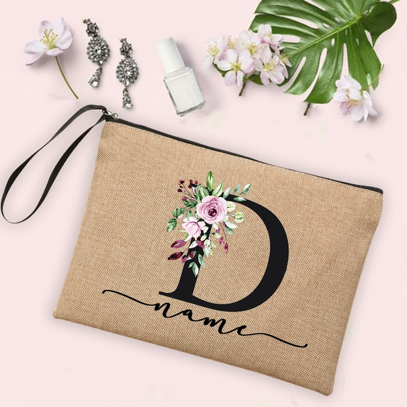 Flower Initial Letter Custom Name Cosmetic Bag Women Neceser Makeup Bag Linen Zipper Pouch Travel Toiletry Organizer Mujer Bolsa