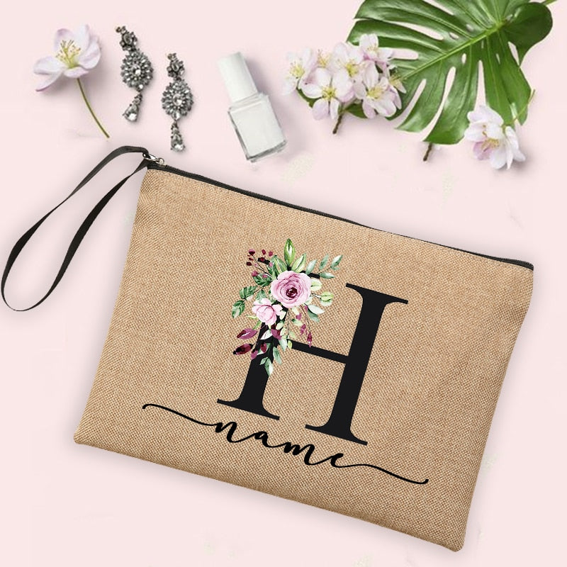 Flower Initial Letter Custom Name Cosmetic Bag Women Neceser Makeup Bag Linen Zipper Pouch Travel Toiletry Organizer Mujer Bolsa