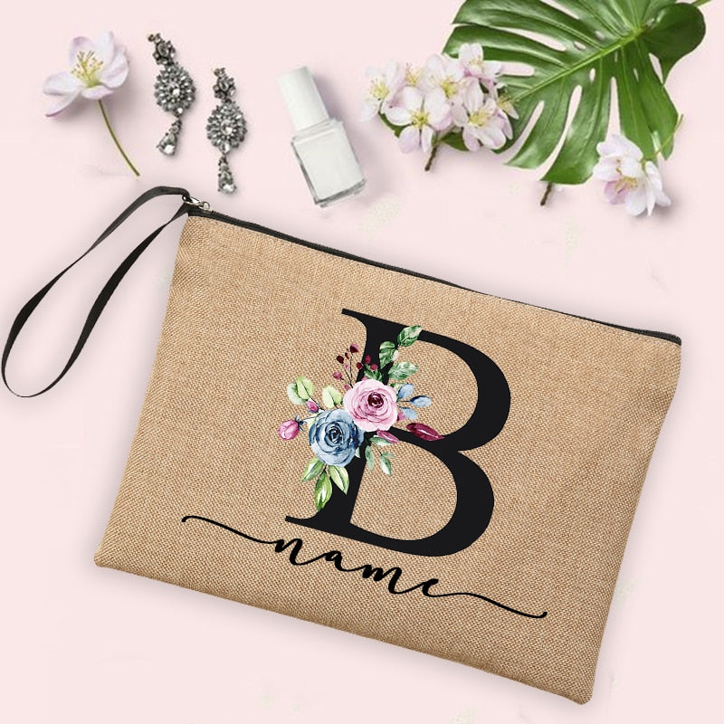 Flower Initial Letter Custom Name Cosmetic Bag Women Neceser Makeup Bag Linen Zipper Pouch Travel Toiletry Organizer Mujer Bolsa