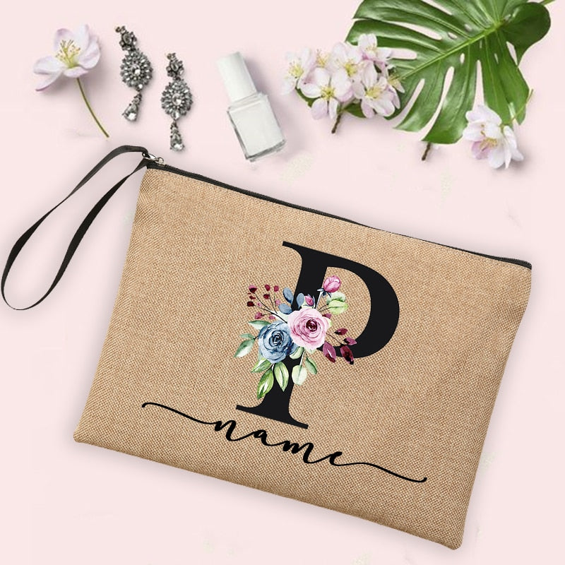 Flower Initial Letter Custom Name Cosmetic Bag Women Neceser Makeup Bag Linen Zipper Pouch Travel Toiletry Organizer Mujer Bolsa