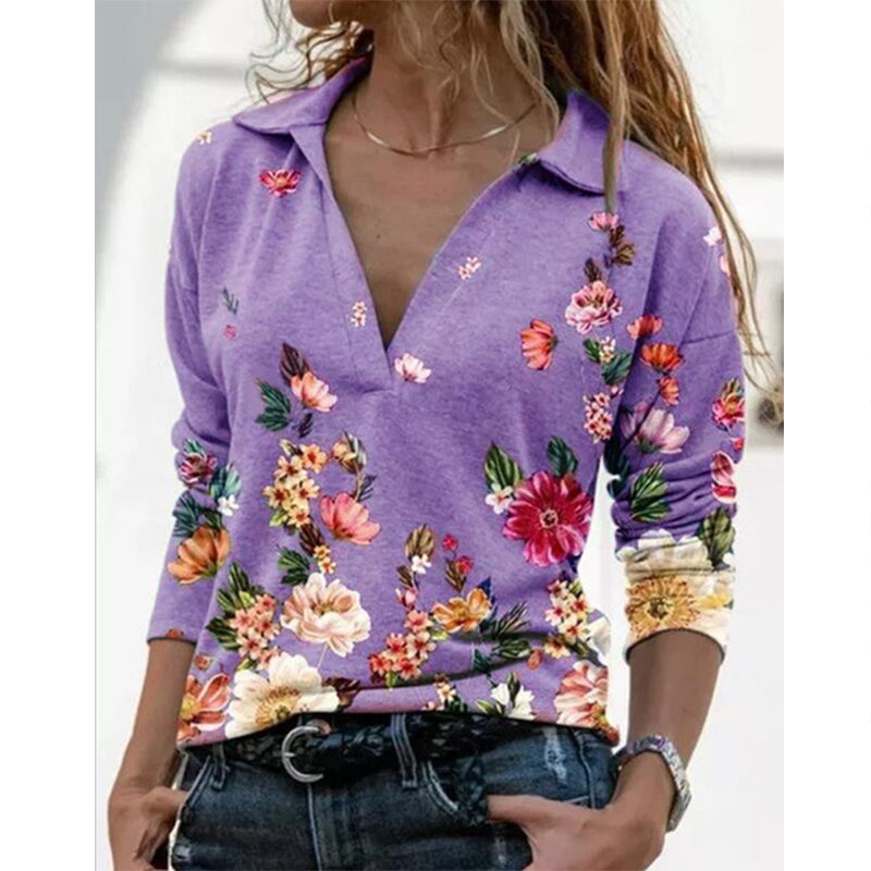 2022 Women Fashion Floral Print Stitching T-Shirt Spring Autumn Ladies V-Neck Pullover Causal Loose Long Sleve Womens Tops