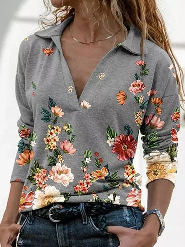 2022 Women Fashion Floral Print Stitching T-Shirt Spring Autumn Ladies V-Neck Pullover Causal Loose Long Sleve Womens Tops