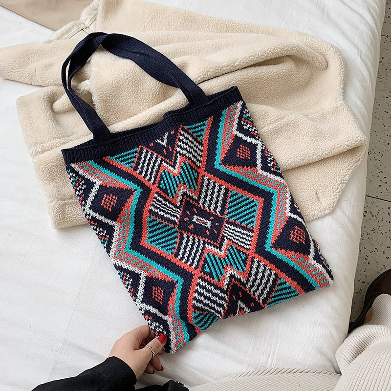 Lady Knitting Gypsy Bohemian Boho Chic Aztec Tote Bag Women Crochet Woolen Open Shopper Top-handle Bag 2022 Female Daily Handbag