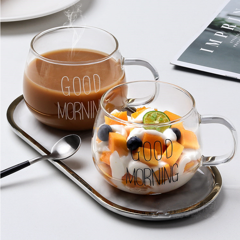 1pcs Letter Printed Transparent Creative Glass Coffee Tea Mug Drinks Dessert Breakfast Milk Cup Glass Mugs Handle Drinkware