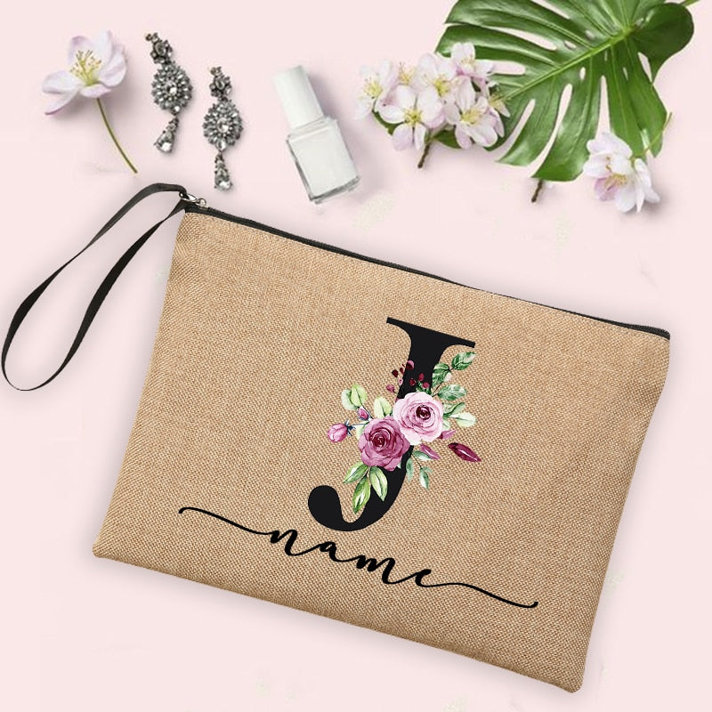 Flower Initial Letter Custom Name Cosmetic Bag Women Neceser Makeup Bag Linen Zipper Pouch Travel Toiletry Organizer Mujer Bolsa