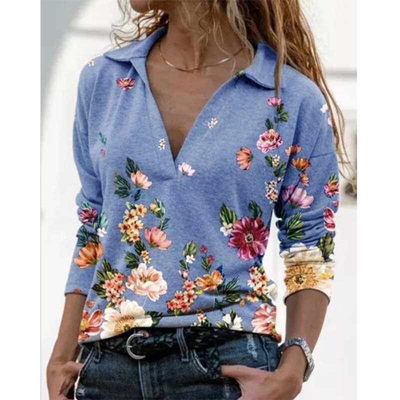 2022 Women Fashion Floral Print Stitching T-Shirt Spring Autumn Ladies V-Neck Pullover Causal Loose Long Sleve Womens Tops