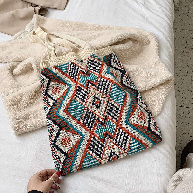 Lady Knitting Gypsy Bohemian Boho Chic Aztec Tote Bag Women Crochet Woolen Open Shopper Top-handle Bag 2022 Female Daily Handbag