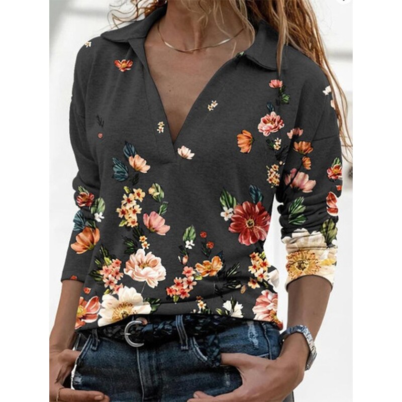 2022 Women Fashion Floral Print Stitching T-Shirt Spring Autumn Ladies V-Neck Pullover Causal Loose Long Sleve Womens Tops